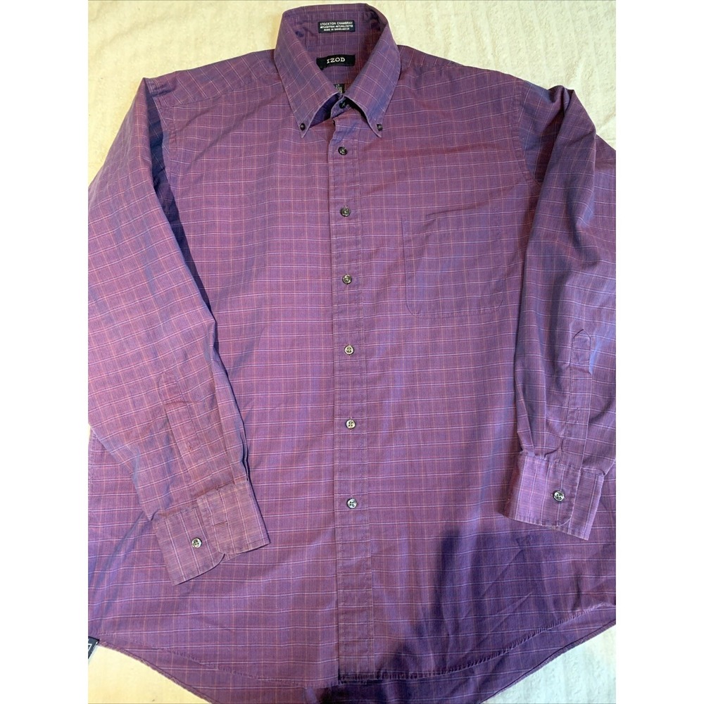 IZOD Men's XL Purple Plaid Button Down Shirt Long Sleeve Neck 17‎